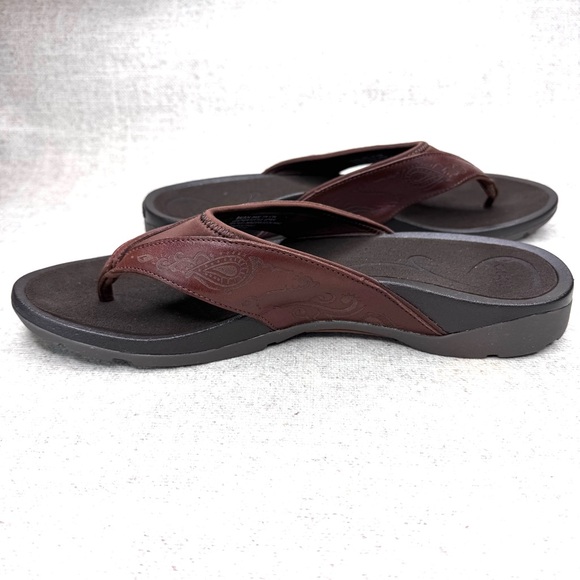 Abeo Baboa womens size 11 Narrow brown tooled leather flip flops thongs sandals - Picture 4 of 6